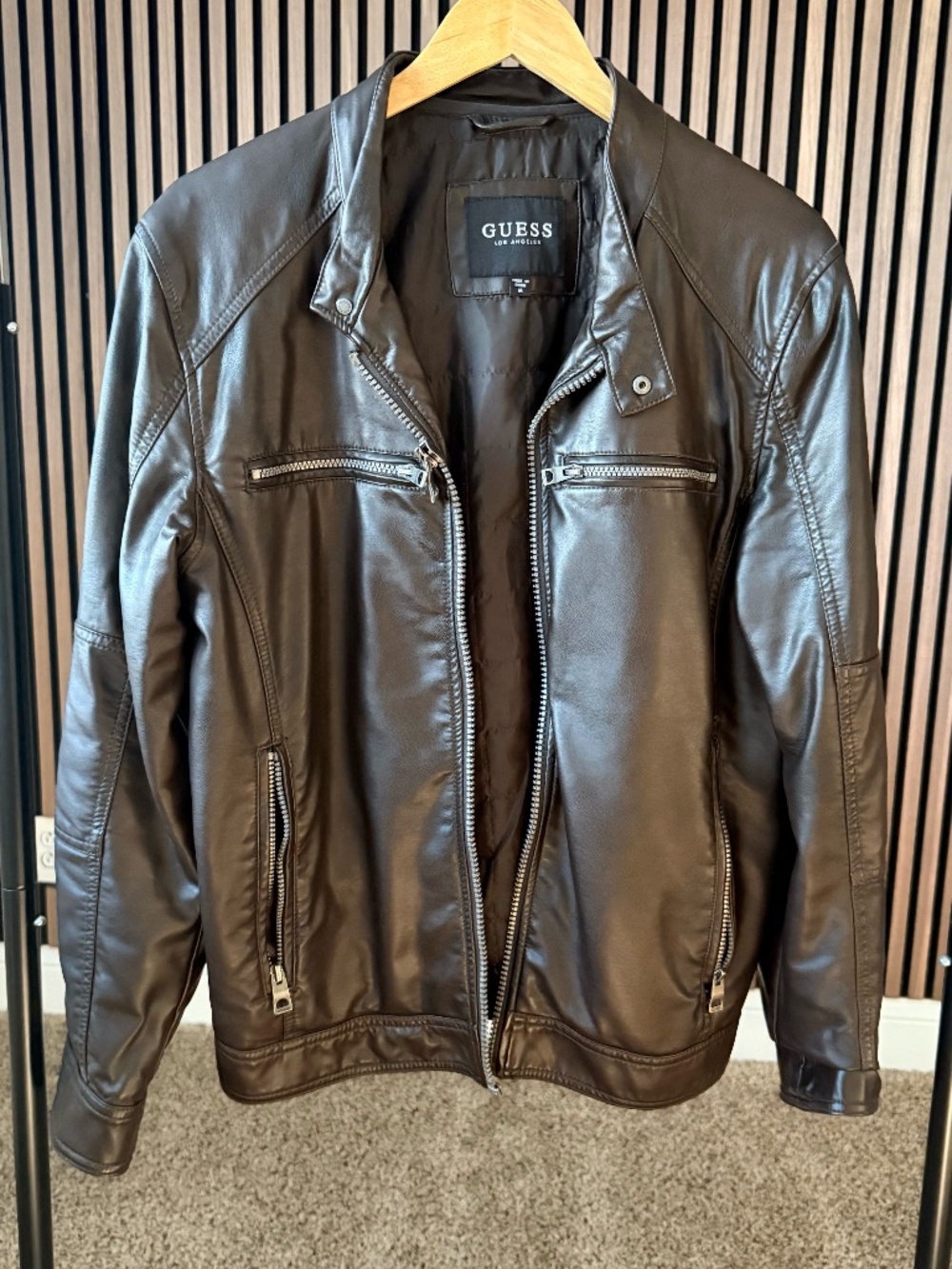 GUESS Mens Medium Faux Leather Brown Jacket